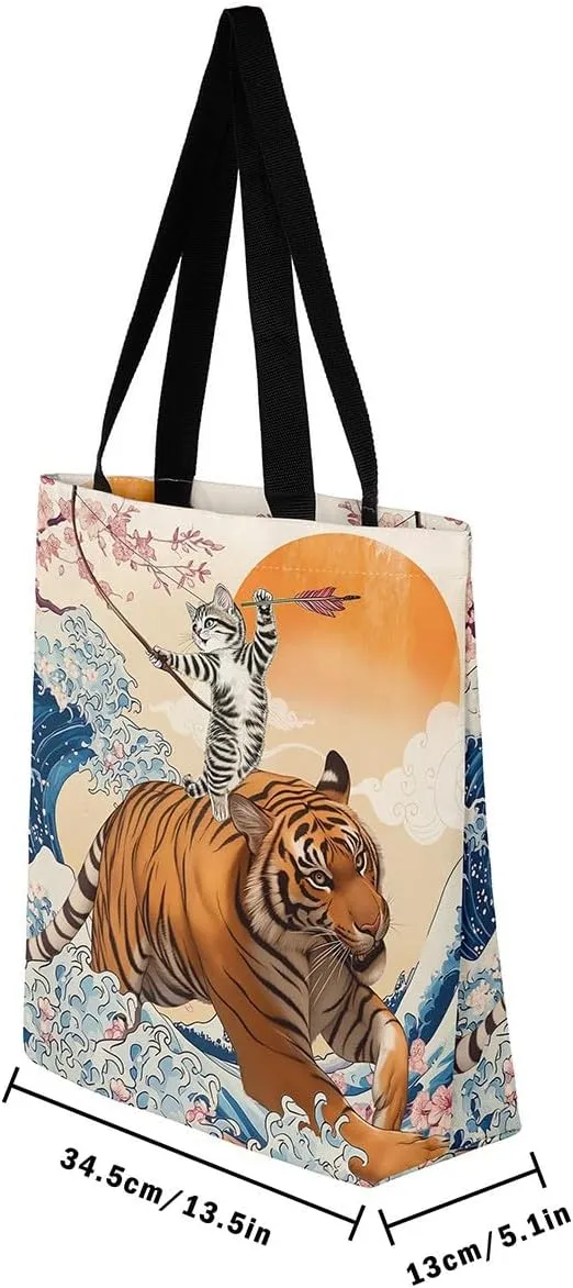 Funny Cat Canvas Bag Japanese Ocean Wave Grocery Bag, Cartoon Asian Fun Anime Canvas Tote Bag
