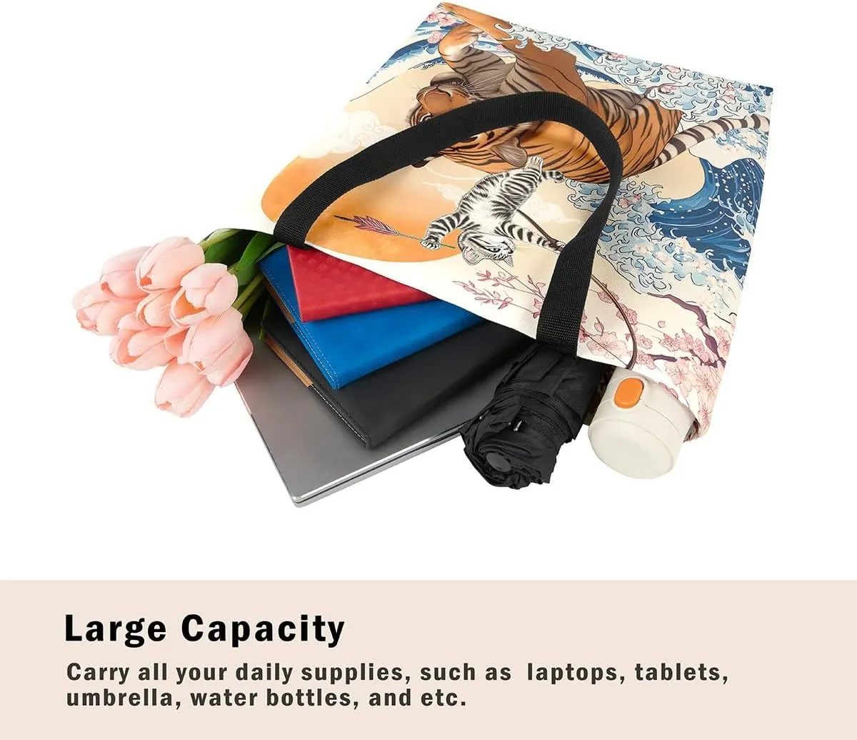 Funny Cat Canvas Bag Japanese Ocean Wave Grocery Bag, Cartoon Asian Fun Anime Canvas Tote Bag