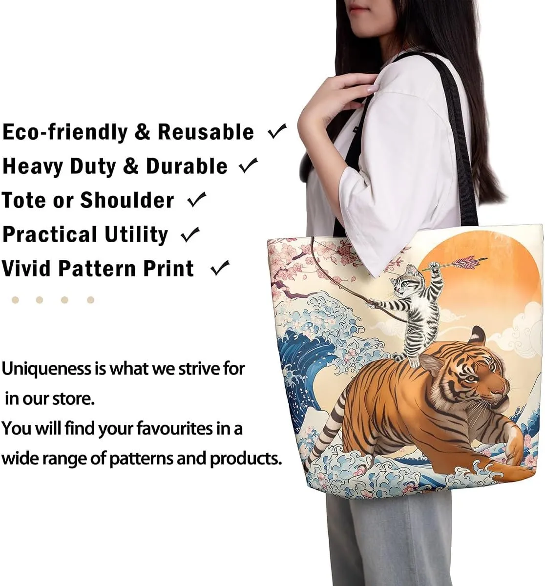 Funny Cat Canvas Bag Japanese Ocean Wave Grocery Bag, Cartoon Asian Fun Anime Canvas Tote Bag
