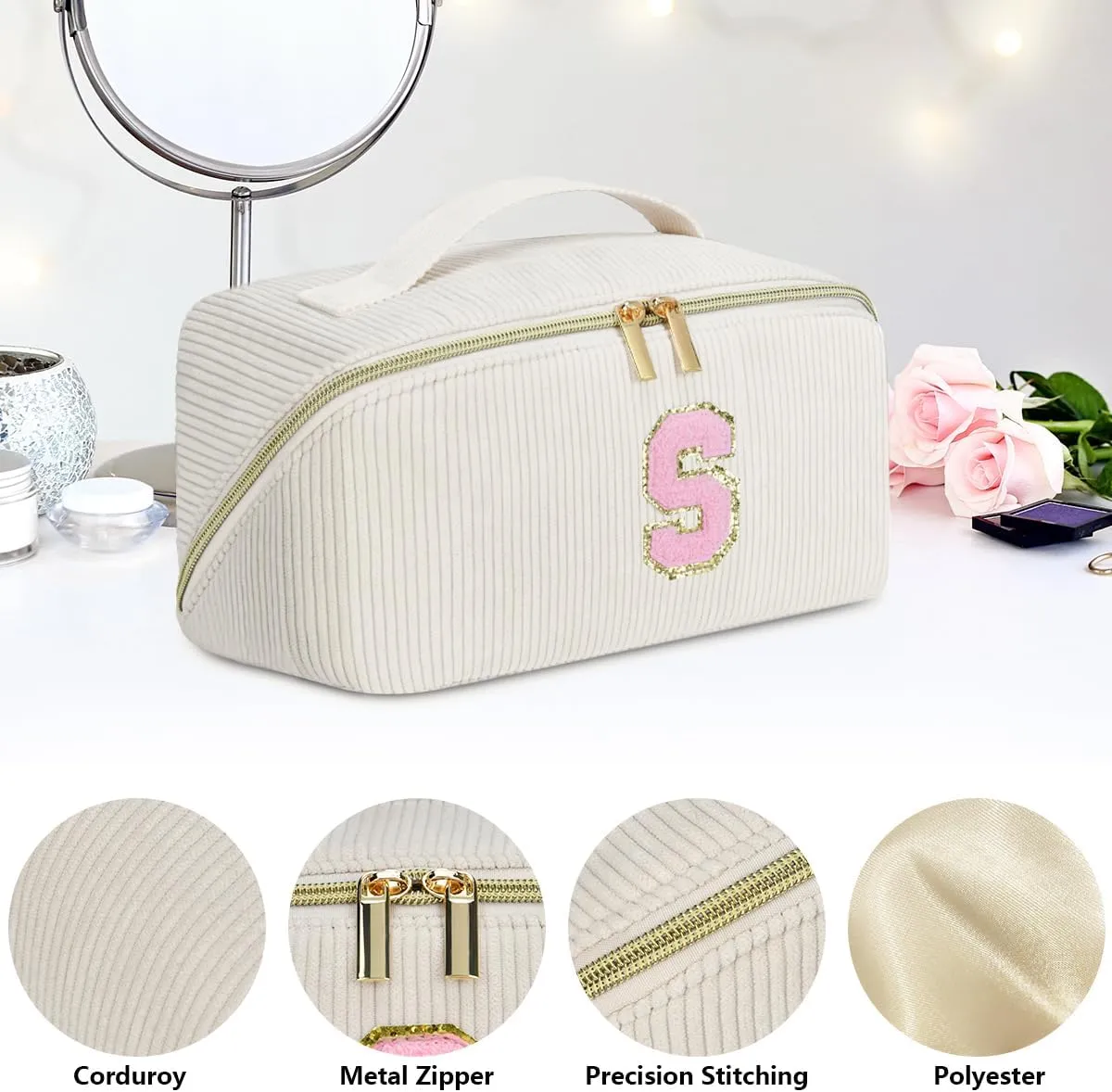 Gifts for Girls, Initial Travel Makeup Bag Women's Day Gift Make up Bag Cosmetic Bags Monther's Day Gifts, Personalized Stuff Bag Cute Makeup Bag Birthday Gifts for Women/Friend/Mother - K