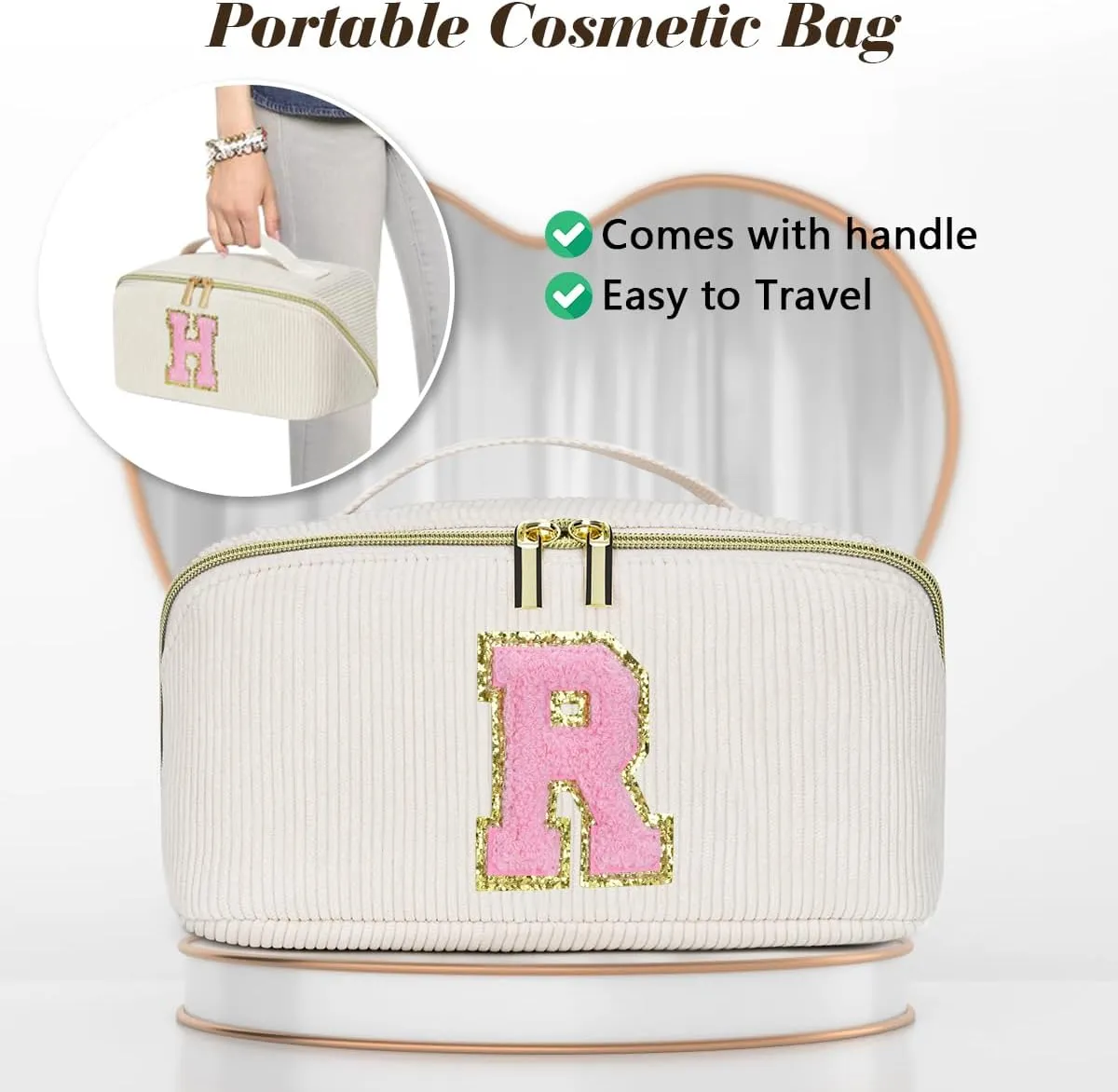 Gifts for Girls, Initial Travel Makeup Bag Women's Day Gift Make up Bag Cosmetic Bags Monther's Day Gifts, Personalized Stuff Bag Cute Makeup Bag Birthday Gifts for Women/Friend/Mother - K