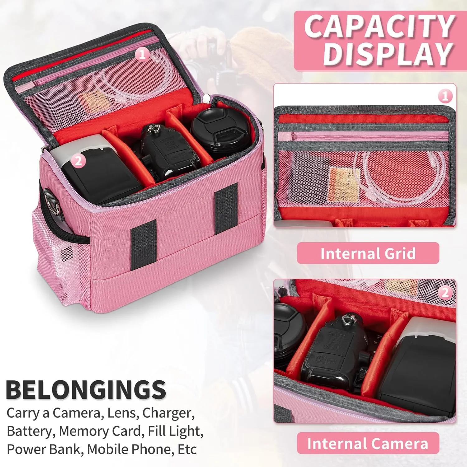 GMAK Camera Bag for Photographers, Anti-shock Camera Shoulder Bags with Water-resistant Rain Cover, Camera Case Compatible for DSLR/SLR/Mirrorless Cameras, 9'' × 4.7'' × 7.5'', Pink