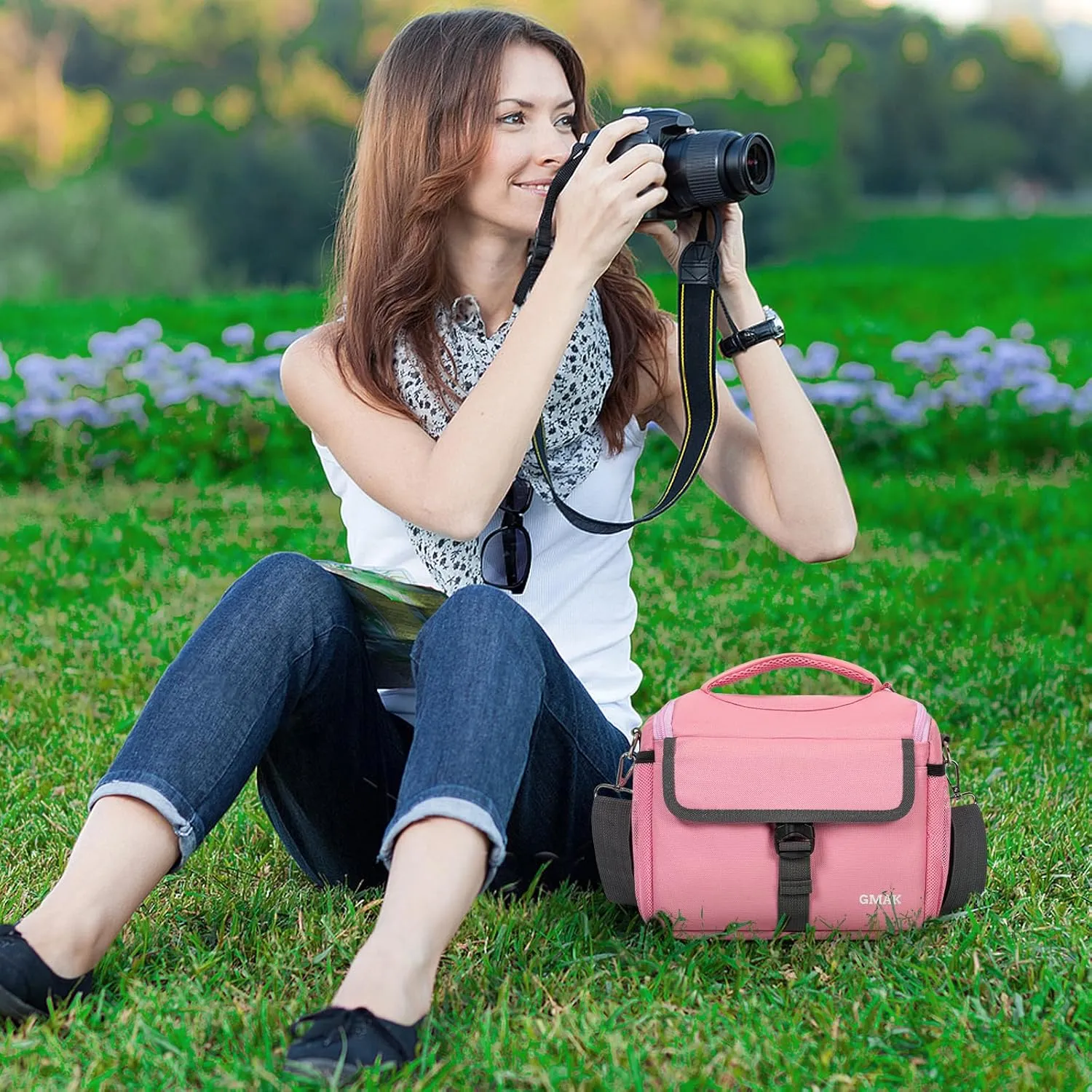 GMAK Camera Bag for Photographers, Anti-shock Camera Shoulder Bags with Water-resistant Rain Cover, Camera Case Compatible for DSLR/SLR/Mirrorless Cameras, 9'' × 4.7'' × 7.5'', Pink