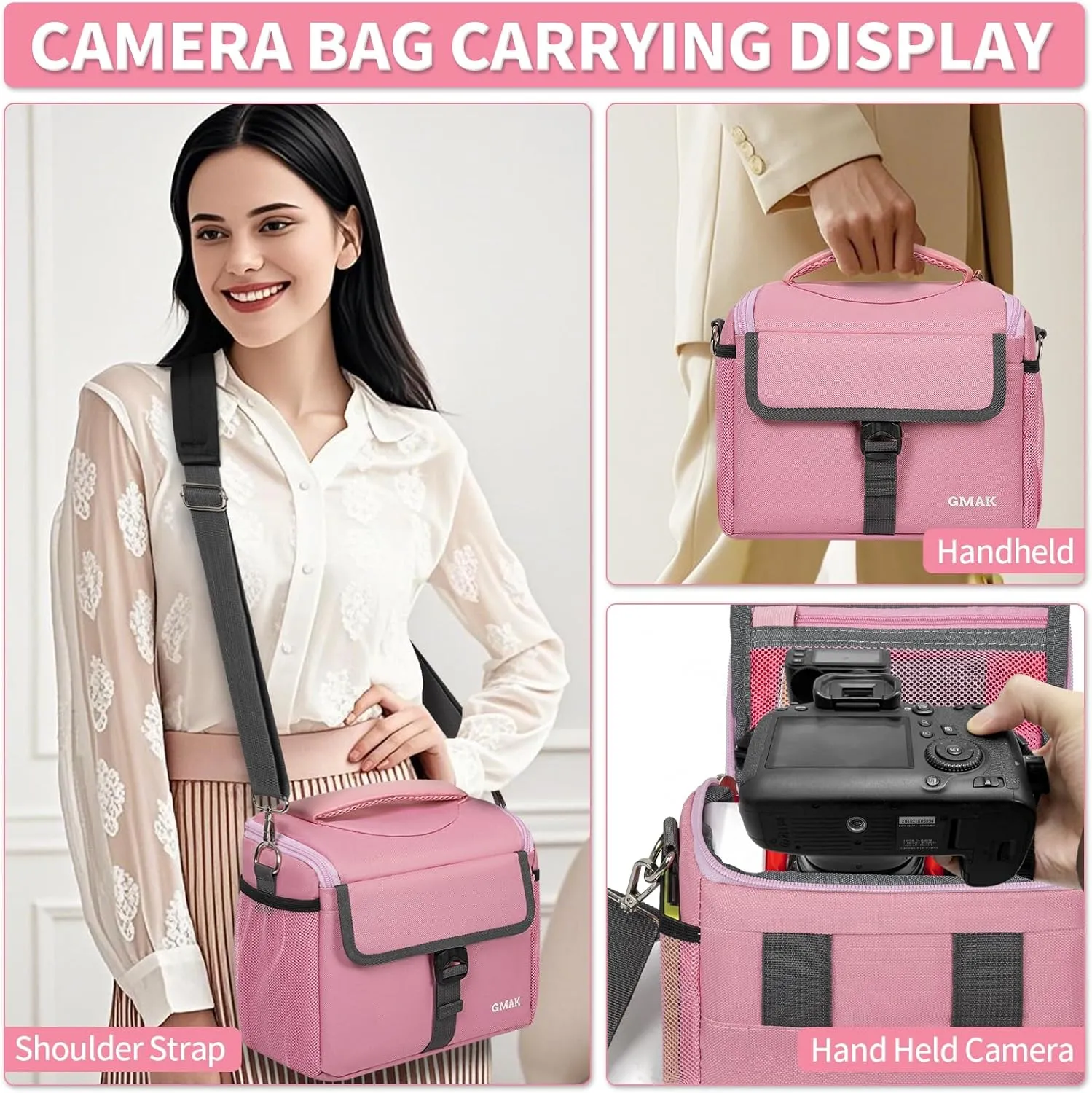 GMAK Camera Bag for Photographers, Anti-shock Camera Shoulder Bags with Water-resistant Rain Cover, Camera Case Compatible for DSLR/SLR/Mirrorless Cameras, 9'' × 4.7'' × 7.5'', Pink