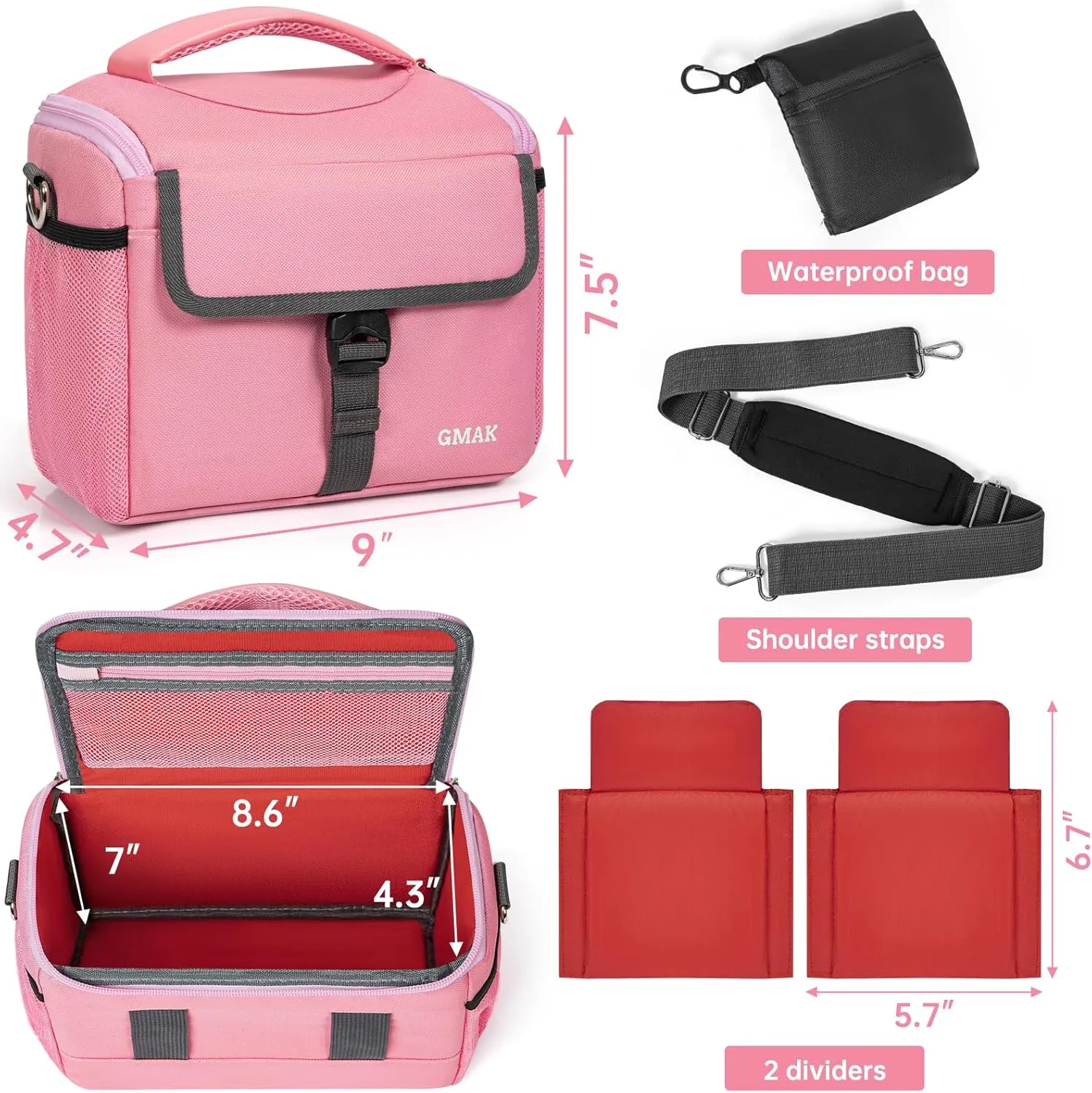 GMAK Camera Bag for Photographers, Anti-shock Camera Shoulder Bags with Water-resistant Rain Cover, Camera Case Compatible for DSLR/SLR/Mirrorless Cameras, 9'' × 4.7'' × 7.5'', Pink