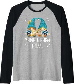 Gnome Mama And Papa Razzi For Mom And Dad Funny Photographer Raglan Baseball Tee