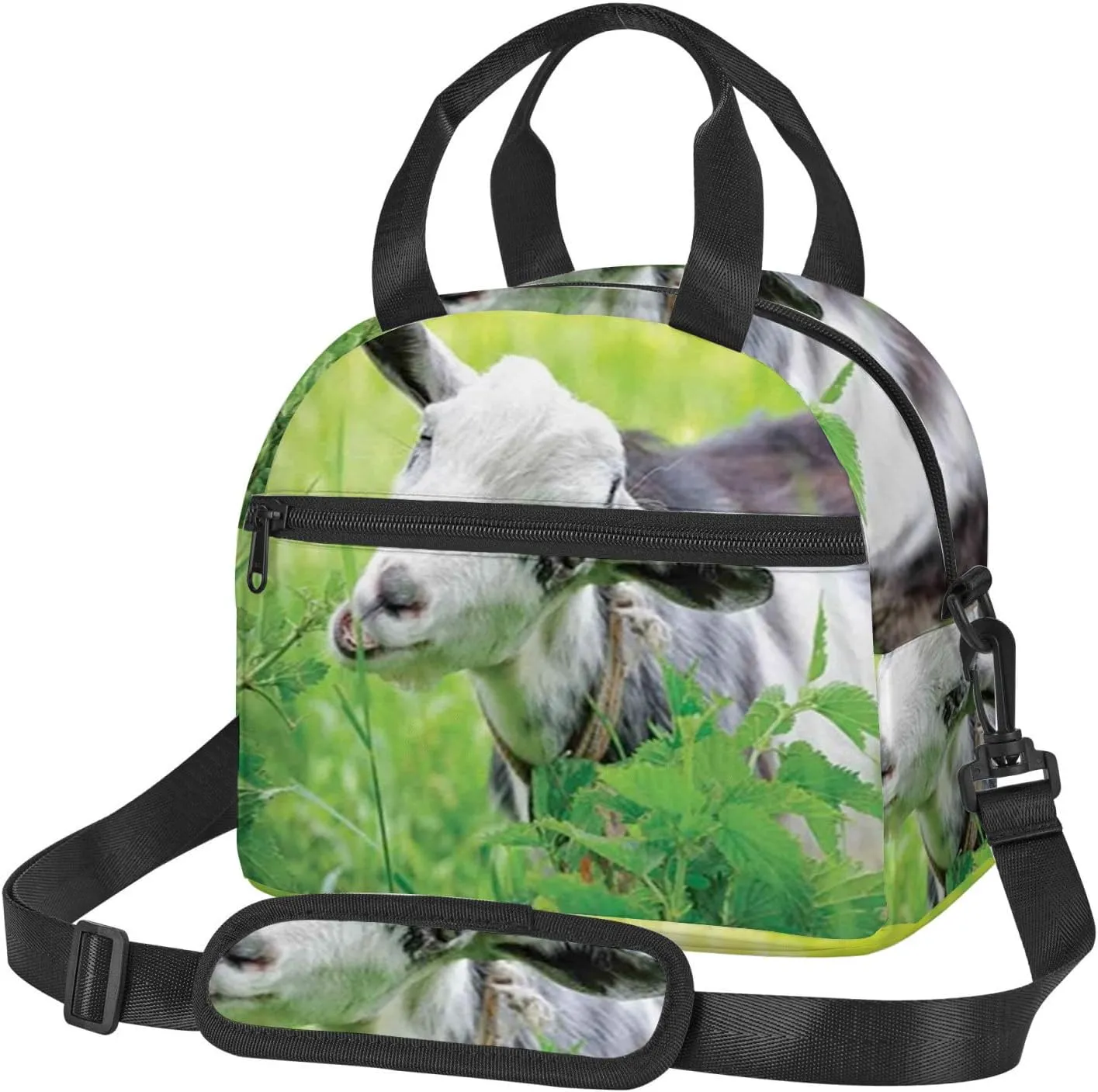 Goat,Lunch Box for Women,Goat on The Grass,Insulated Lunch Bag Women with Adjustable Shoulder Strap,Cute Lunch Tote Bag for Work,Picnic,Camping,White Green