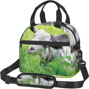 Goat,Lunch Box for Women,Goat on The Grass,Insulated Lunch Bag Women with Adjustable Shoulder Strap,Cute Lunch Tote Bag for Work,Picnic,Camping,White Green
