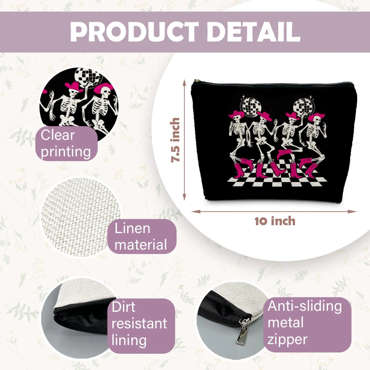 Gothic Dancing Skeleton Cowboy Makeup Bag, Western Goth Skull Cosmetic Bags for Women, Trendy Retro Black and White Checkered Makeup Pouch Zipper Pouch