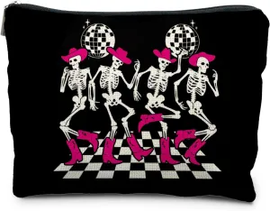 Gothic Dancing Skeleton Cowboy Makeup Bag, Western Goth Skull Cosmetic Bags for Women, Trendy Retro Black and White Checkered Makeup Pouch Zipper Pouch