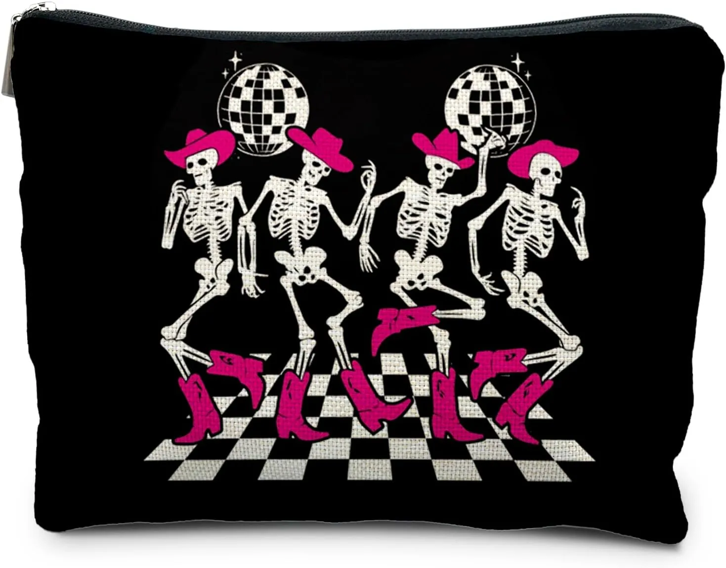 Gothic Dancing Skeleton Cowboy Makeup Bag, Western Goth Skull Cosmetic Bags for Women, Trendy Retro Black and White Checkered Makeup Pouch Zipper Pouch