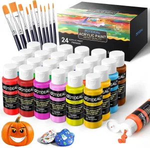 GOTIDEAL Acrylic Paint Set with Paint Brushes, 24 Colors(59ml, 2 oz) Art Craft Paint for Adults and Kids, Perfect for Artist, Beginner, Ideal for Wood, Canvas, Rocks, Outdoor Painting Supplies
