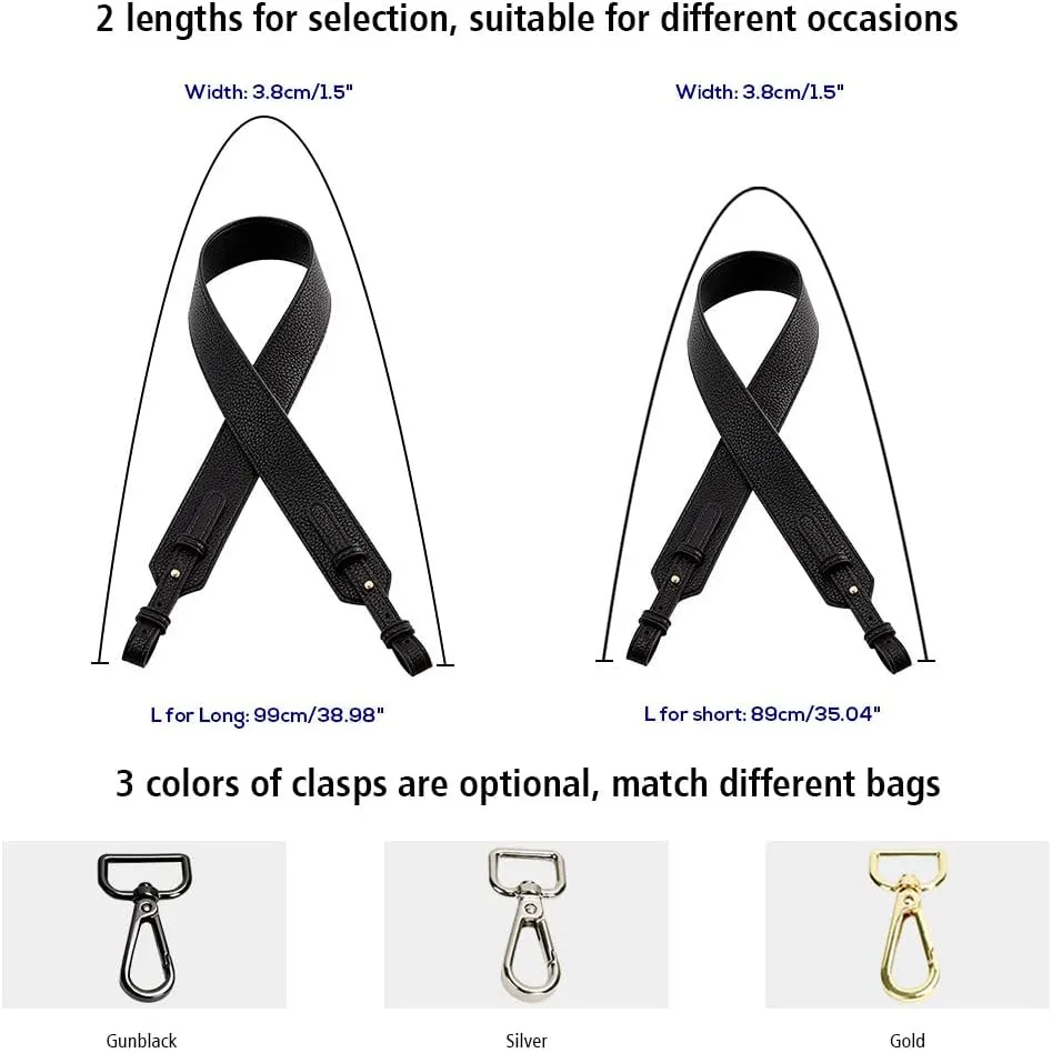 Grain Leather Purse Strap Adjustable Crossbody Replacement Straps for Handbags Monk Head Screws Detachable Silver Clasps Long Black