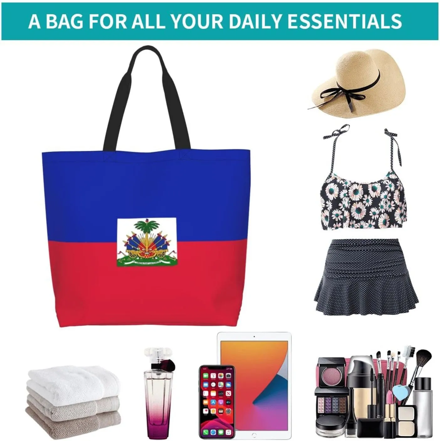 Haitian Canvas Tote Bag Haiti Flag Shoulder Bag Haiti Casual Grocery Bags Haitian Bags for Outdoor