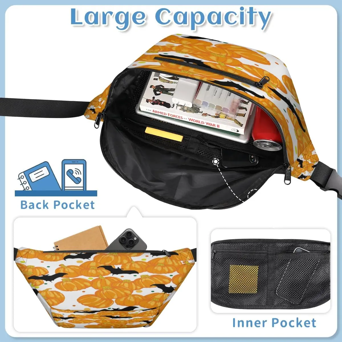 Halloween Pumpkin Bat Crossbody Sling Bag for Women Men Crossbody Backpack with 4 Zipper Pockets Fanny Pack Shoulder Casual Daypack for Travel Running Hiking Cycling