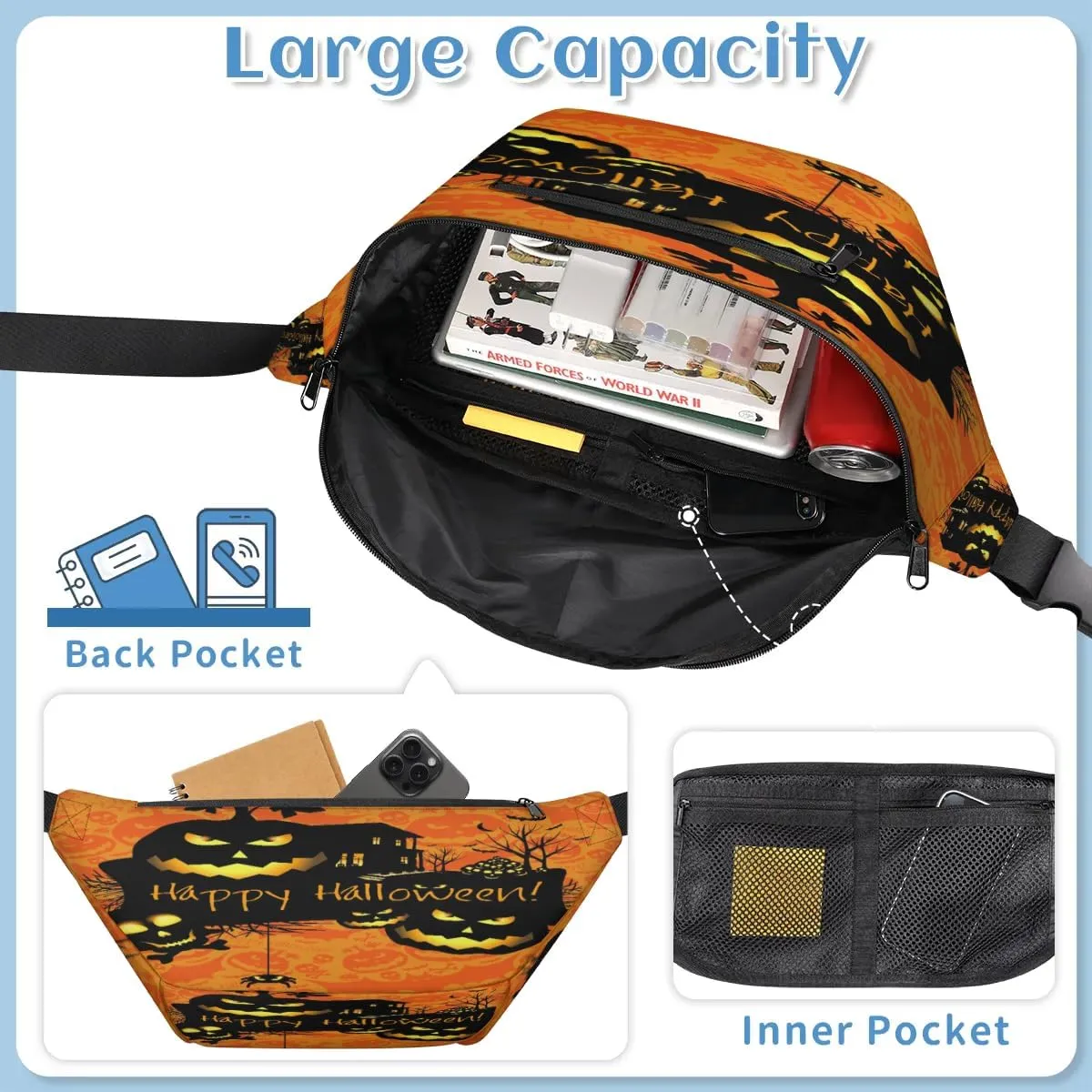 Halloween Theme Crossbody Sling Bag for Women Men Crossbody Backpack with 4 Zipper Pockets Fanny Pack Shoulder Casual Daypack for Travel Running Hiking Cycling