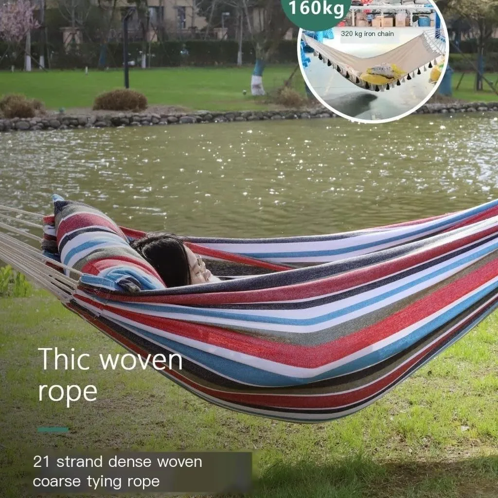 Hammock Outdoor Hammock Woven Tassel Thick Canvas Straight Stick Anti-Rollover Leisure Camping Single Double Swing Hammocks for Outside(White,A)