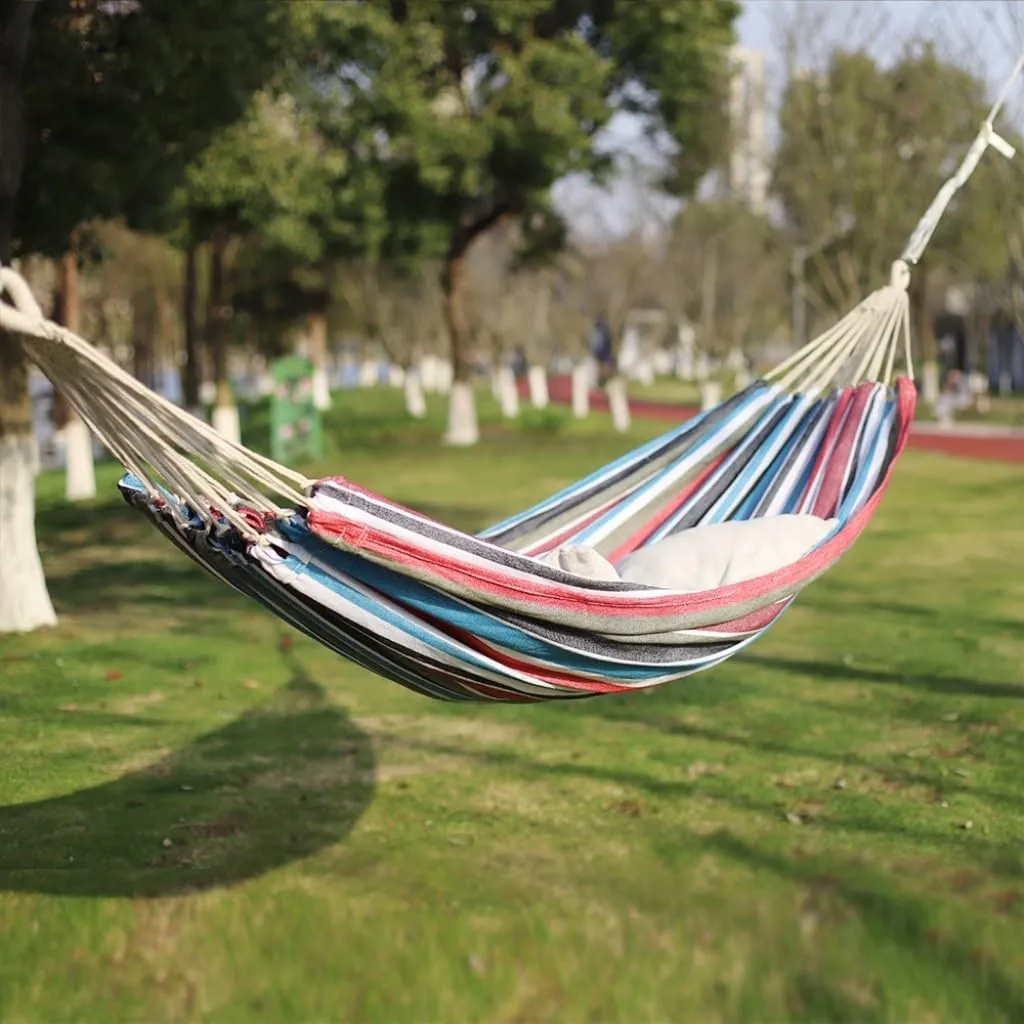 Hammock Outdoor Hammock Woven Tassel Thick Canvas Straight Stick Anti-Rollover Leisure Camping Single Double Swing Hammocks for Outside(White,A)