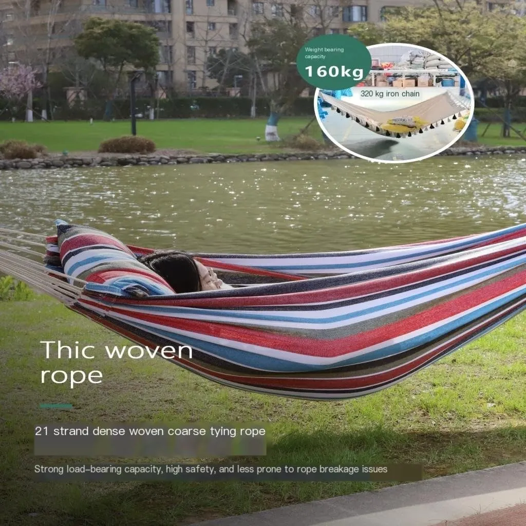 Hammock Outdoor Hammock Woven Tassel Thick Canvas Straight Stick Anti-Rollover Leisure Camping Single Double Swing Hammocks for Outside(White,A)