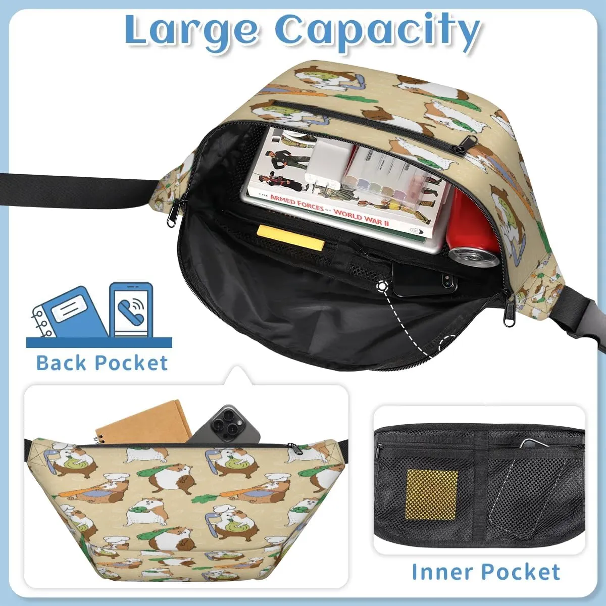Hamsters Crossbody Sling Bag for Women Men Crossbody Backpack with 4 Zipper Pockets Fanny Pack Shoulder Casual Daypack for Travel Running Hiking Cycling