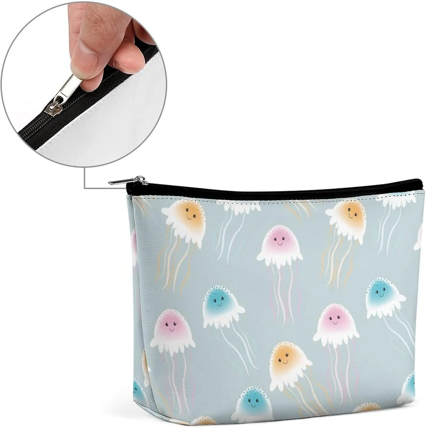Hand-Painted Pattern Travel Makeup Bag with Zipper, Jellyfish Leather Makeup pouch Toiletry Bag,Portable Cosmetic Bag,Waterproof Toiletry Bag for Women