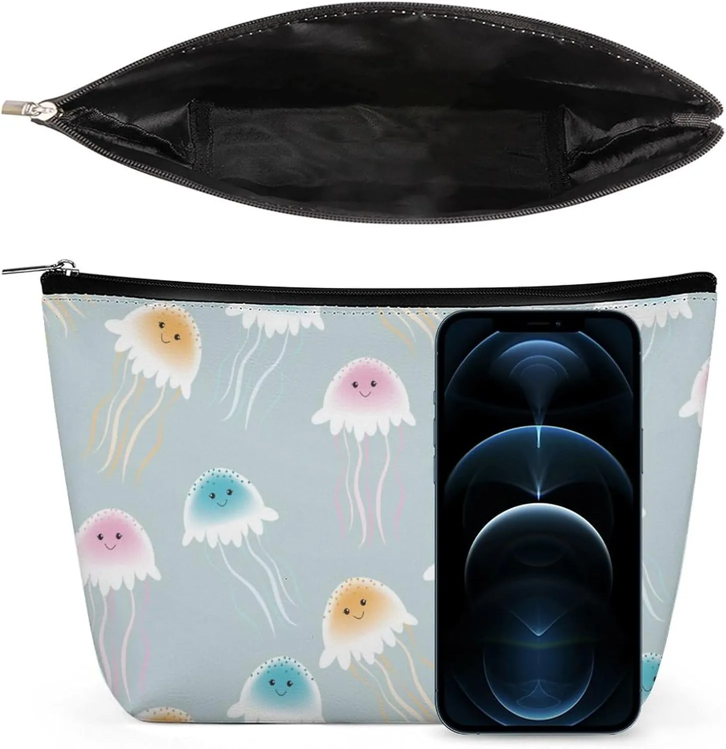 Hand-Painted Pattern Travel Makeup Bag with Zipper, Jellyfish Leather Makeup pouch Toiletry Bag,Portable Cosmetic Bag,Waterproof Toiletry Bag for Women
