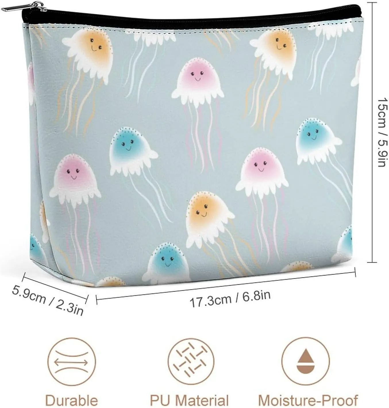 Hand-Painted Pattern Travel Makeup Bag with Zipper, Jellyfish Leather Makeup pouch Toiletry Bag,Portable Cosmetic Bag,Waterproof Toiletry Bag for Women