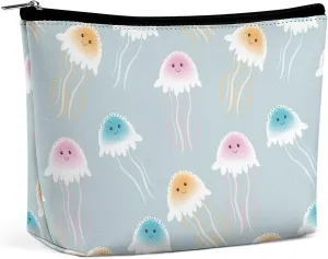 Hand-Painted Pattern Travel Makeup Bag with Zipper, Jellyfish Leather Makeup pouch Toiletry Bag,Portable Cosmetic Bag,Waterproof Toiletry Bag for Women