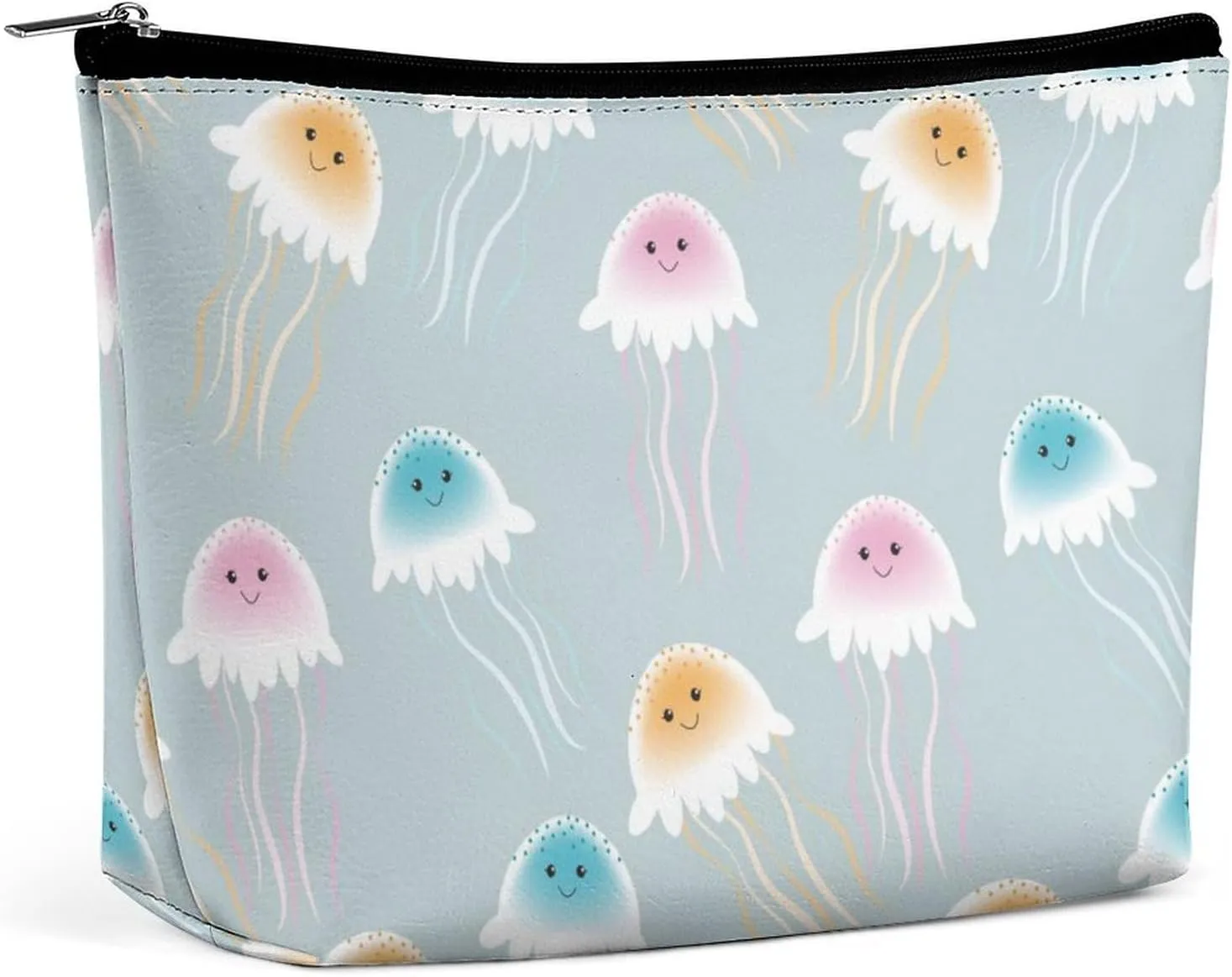 Hand-Painted Pattern Travel Makeup Bag with Zipper, Jellyfish Leather Makeup pouch Toiletry Bag,Portable Cosmetic Bag,Waterproof Toiletry Bag for Women
