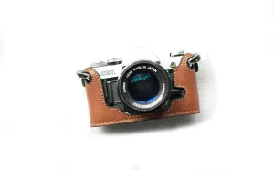 Handmade Genuine Real Leather Half Camera Case Bag Cover for Canon AE-1 Yellow Brown