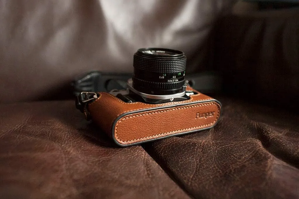 Handmade Genuine Real Leather Half Camera Case Bag Cover for Canon AE-1 Yellow Brown
