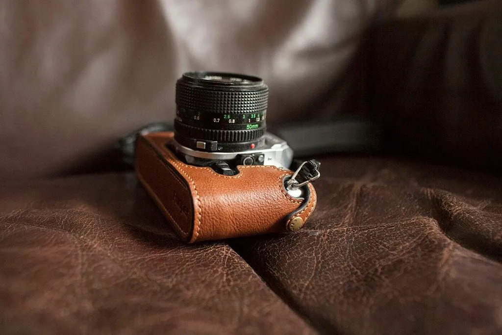 Handmade Genuine Real Leather Half Camera Case Bag Cover for Canon AE-1 Yellow Brown