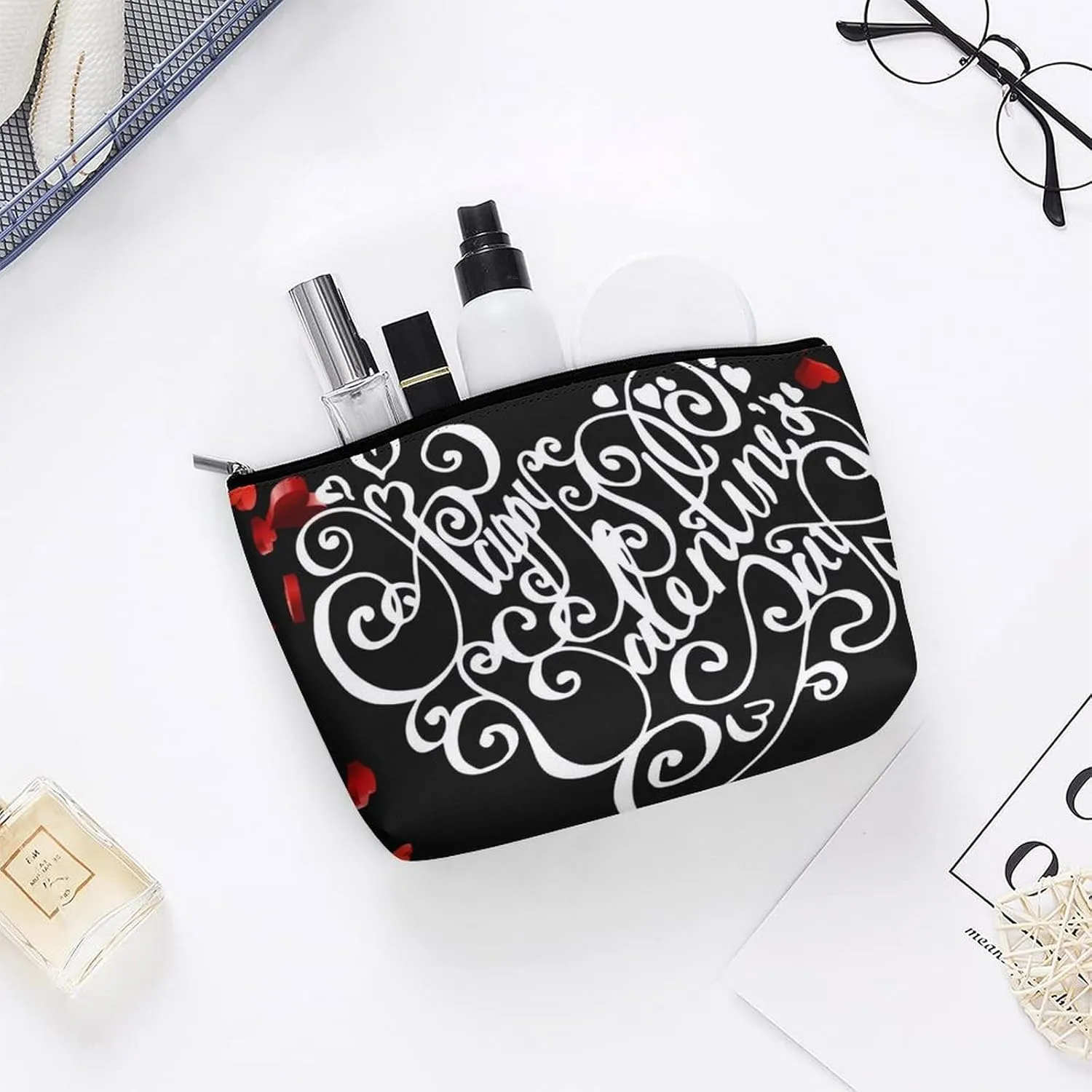 Happy Valentines Day Pattern Personalized Makeup Bag, PU Cosmetic Bag Travel Makeup Bag,Zipper Makeup Pouch for Women-Toiletry Bags for Traveling Women