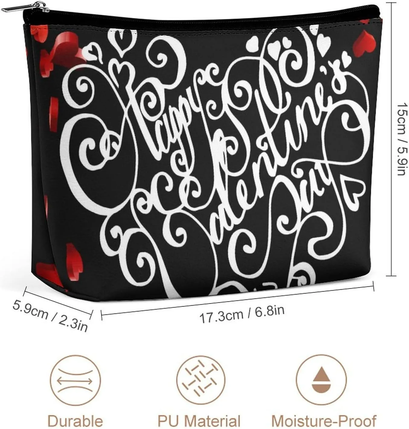 Happy Valentines Day Pattern Personalized Makeup Bag, PU Cosmetic Bag Travel Makeup Bag,Zipper Makeup Pouch for Women-Toiletry Bags for Traveling Women