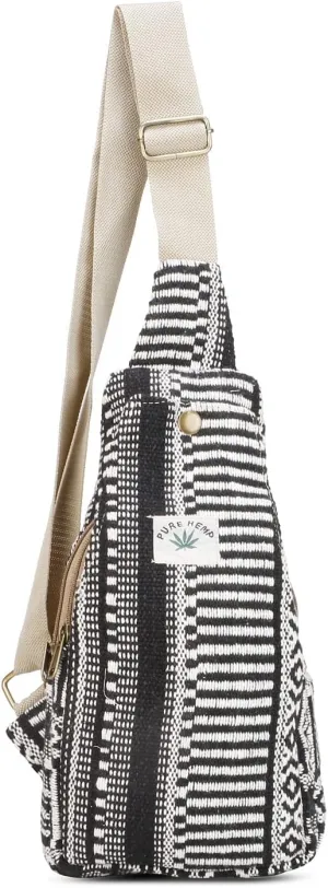 Hemp Sling Backpack- Hemp Cross body Bag- Hemp Shoulder Backpack Adjustable Strap for Men & Women (Black & White)