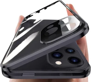 HENGHUI Lockable Magnetic Case for iPhone 14 Pro Glass Case with Camera Lens Protector Screen Protector Safety Lock 360 Full Body Double Sided Glass Bumper Case Clear Cover (Black)