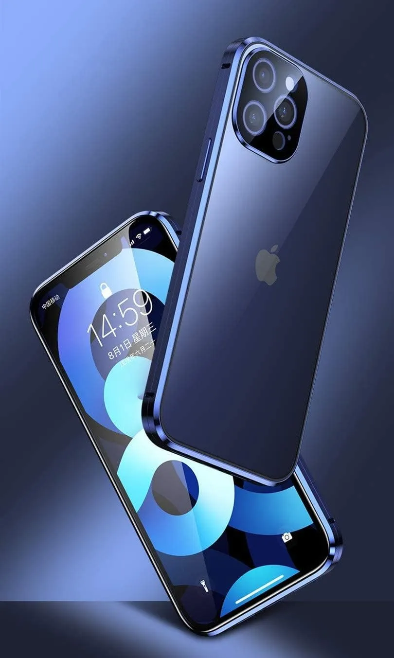 HENGHUI Lockable Magnetic Case for iPhone 14 Pro Glass Case with Camera Lens Protector Screen Protector Safety Lock 360 Full Body Double Sided Glass Bumper Case Clear Cover (Black)