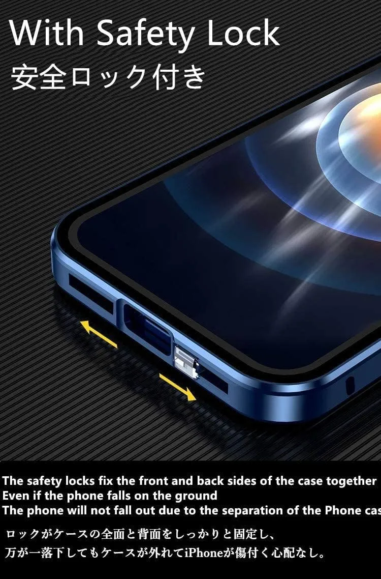 HENGHUI Lockable Magnetic Case for iPhone 14 Pro Glass Case with Camera Lens Protector Screen Protector Safety Lock 360 Full Body Double Sided Glass Bumper Case Clear Cover (Black)