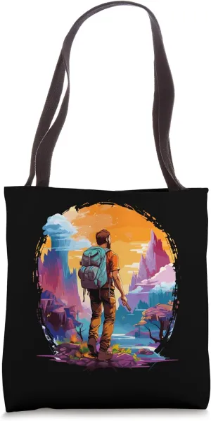Hiker Sunrise Adventure, Outdoor Graphic, Nature Wanderlust Tote Bag
