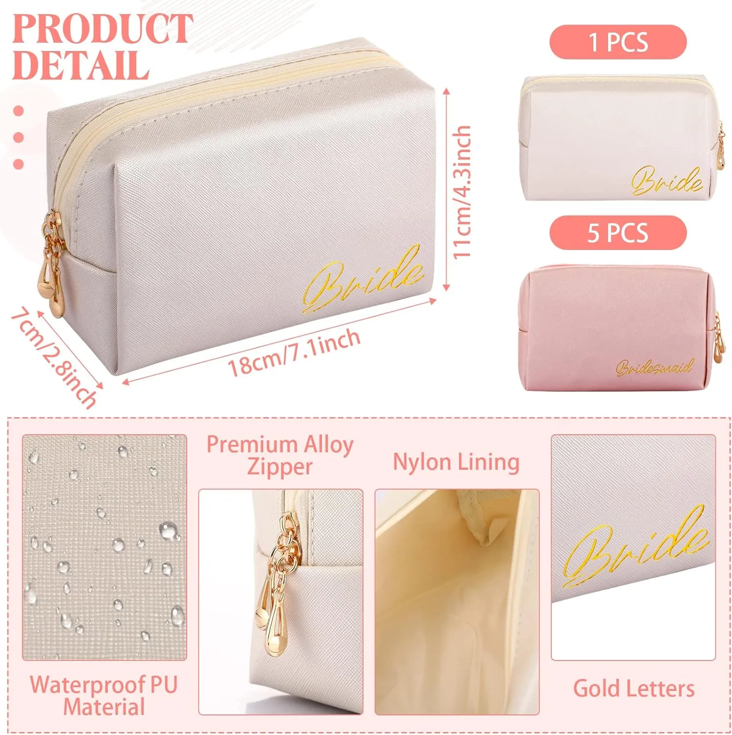 Hillban 6 Pcs Bride and Bridesmaid Cosmetic Bag PU Leather Makeup Bag Waterproof Makeup Pouch Purse Toiletry Gifts for Bridal Shower, Wedding, Bachelorette Party(Ivory White, Pink)