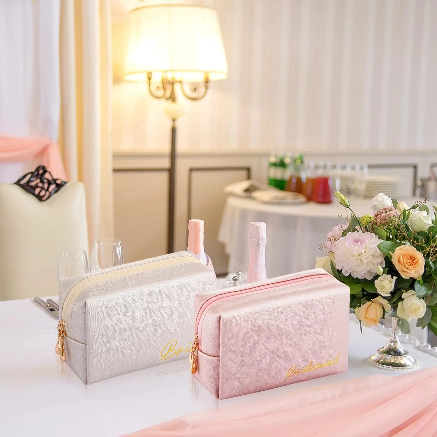 Hillban 6 Pcs Bride and Bridesmaid Cosmetic Bag PU Leather Makeup Bag Waterproof Makeup Pouch Purse Toiletry Gifts for Bridal Shower, Wedding, Bachelorette Party(Ivory White, Pink)