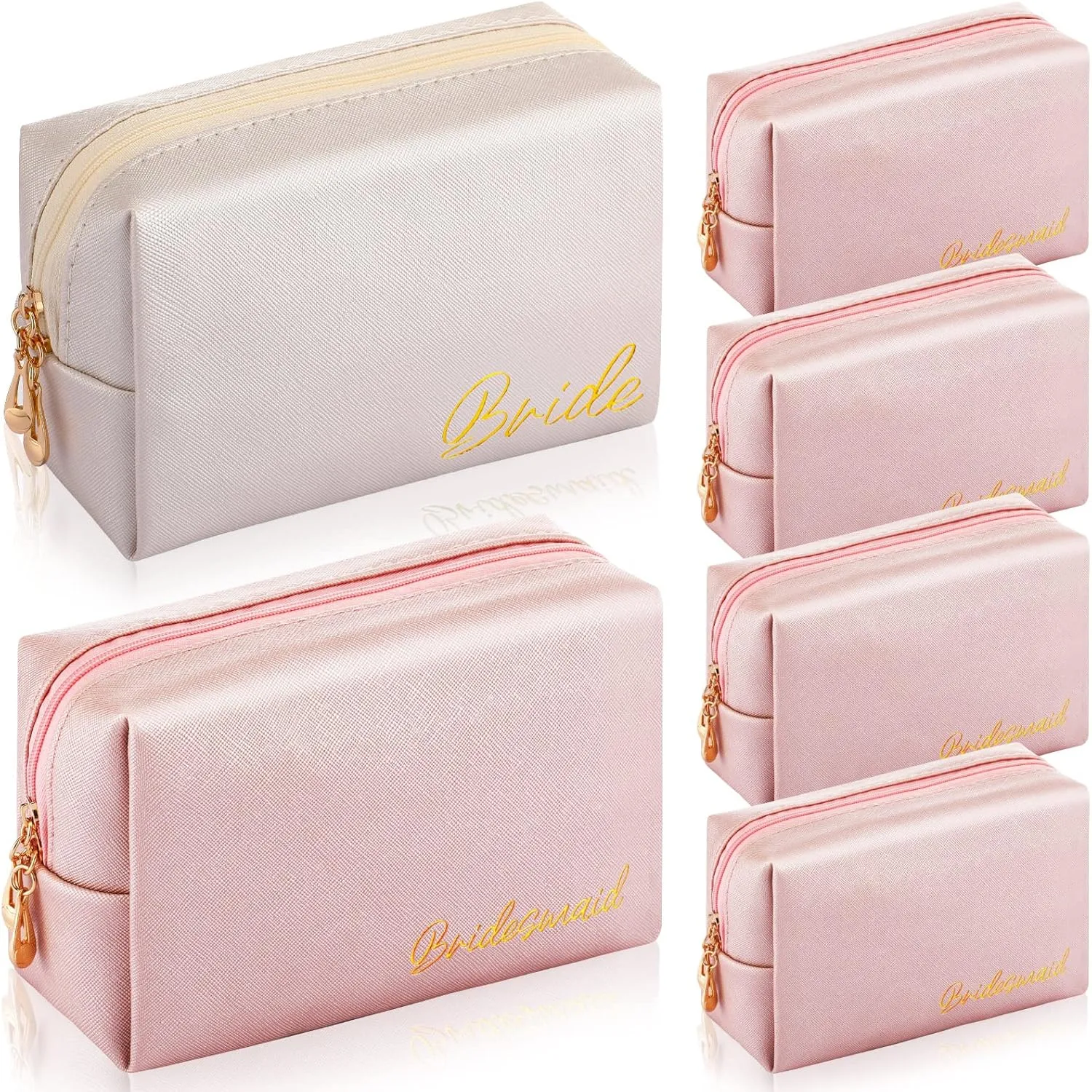 Hillban 6 Pcs Bride and Bridesmaid Cosmetic Bag PU Leather Makeup Bag Waterproof Makeup Pouch Purse Toiletry Gifts for Bridal Shower, Wedding, Bachelorette Party(Ivory White, Pink)