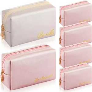 Hillban 6 Pcs Bride and Bridesmaid Cosmetic Bag PU Leather Makeup Bag Waterproof Makeup Pouch Purse Toiletry Gifts for Bridal Shower, Wedding, Bachelorette Party(Ivory White, Pink)