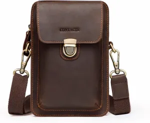 Hiram Men's Leather Phone Bag for iPhone SE, Leather Waist Bag for Men, Men's Crossbody Bag for Cellphone, Small Leather Shoulder Bag for Men-Coffee