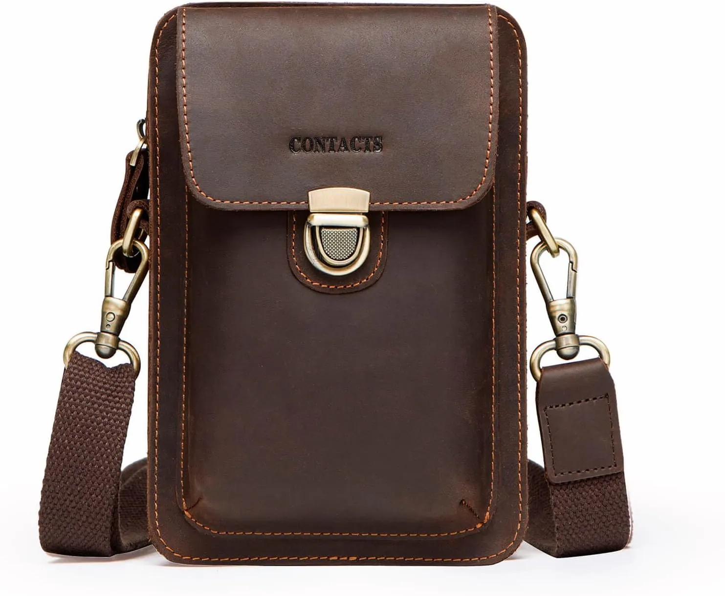Hiram Men's Leather Phone Bag for iPhone SE, Leather Waist Bag for Men, Men's Crossbody Bag for Cellphone, Small Leather Shoulder Bag for Men-Coffee