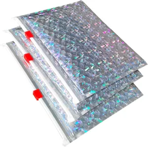 Holographic Bubble Pouch 8PCS Zipper Bubble Out Bags Metallic Silver Cosmetic Bag Small Bubble Padded Pockets for Cosmetic Storage Resealable Zipper Cushioning Bubble wrapped Bags for Moving,