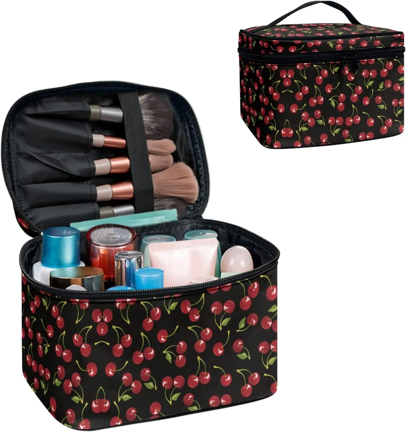 Horeset Cherry Print Novelty Makeup Bag Cosmetic Pouch Travel Portable Makeup Handbag Purse Toiletry Bag for Women Ladies