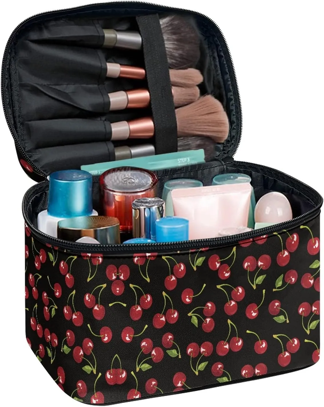 Horeset Cherry Print Novelty Makeup Bag Cosmetic Pouch Travel Portable Makeup Handbag Purse Toiletry Bag for Women Ladies