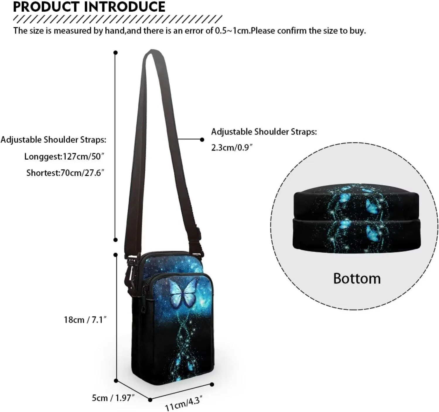 HUGS IDEA Blue Butterfly Print Small Messenger Bag Cell Phone Clutch Purse Handbag for Women Mini Crossbody Satchel Handbag