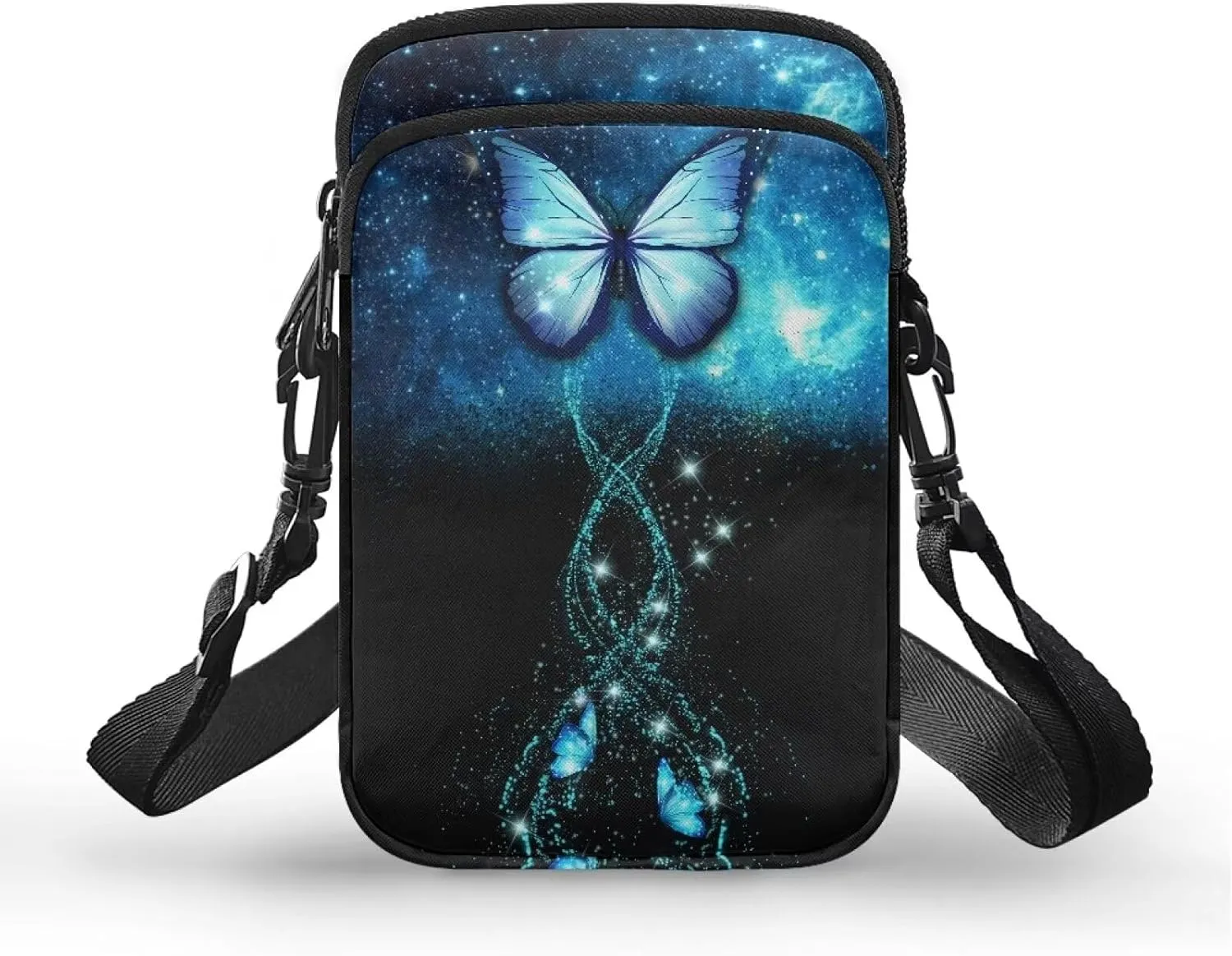 HUGS IDEA Blue Butterfly Print Small Messenger Bag Cell Phone Clutch Purse Handbag for Women Mini Crossbody Satchel Handbag